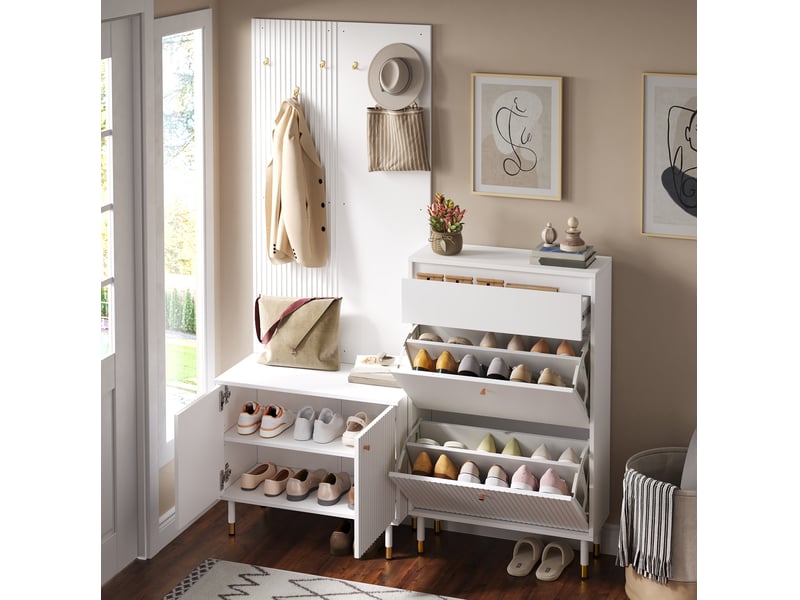  Ensemble vestiaire tcqpz modulable avec meuble à chaussures, rangement et 6 crochets blanc  - Conforama D