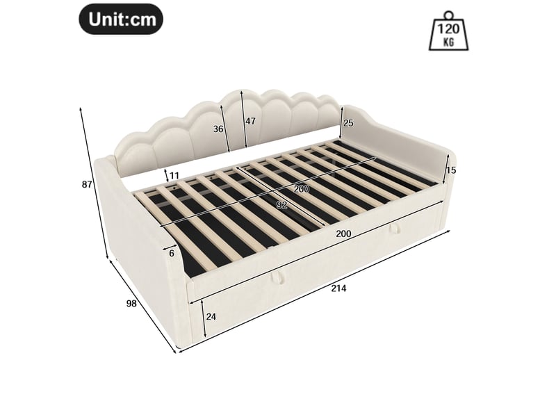  Lit coffre enfant 90x200cm, design ondulé, lumières avec éclairage led multicolores, velours, beige sans matelas  - Conforama C