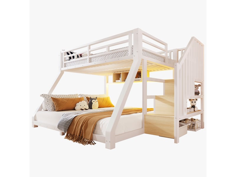  Lit superposé enfant 90x200140x200 cm avec escalier de rangement, led et barrières, cadre métal blanc, en 747  - Conforama A
