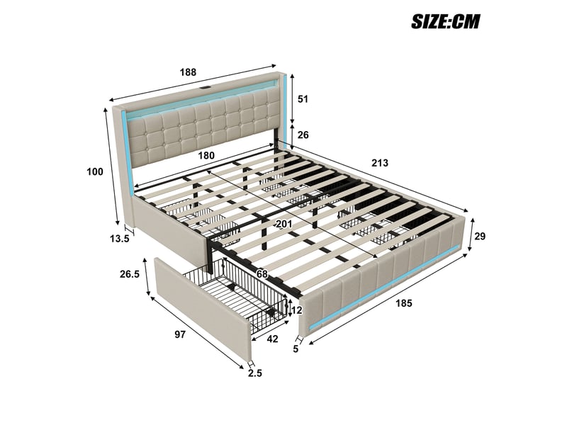  Lit double adulte 180x200, lit 180x200, 4 tiroirs, bandeau led et port usb, tissu en lin, beige  - Conforama C