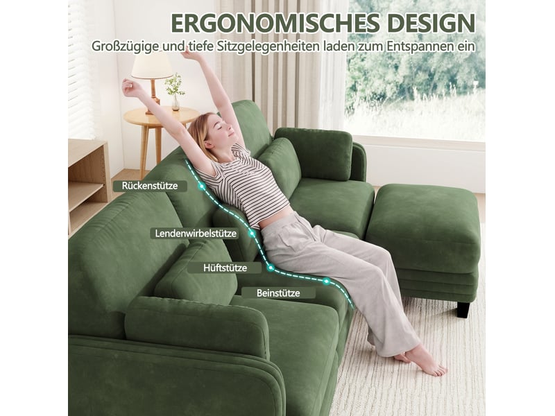  Canapé d’angle modulaire 4 places 330x143x88 cm avec pouf, coussins lombaires et accoudoirs, chenille vert  - Conforama E