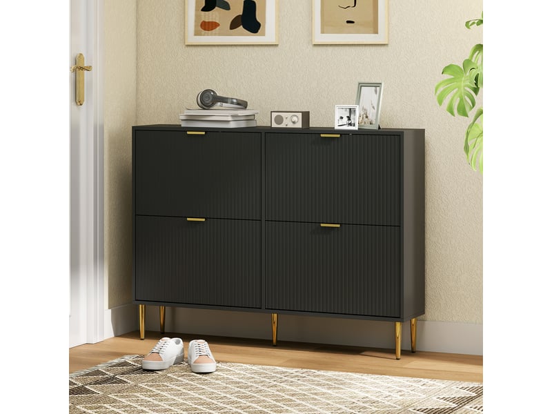 Meuble à chaussures 20 paires avec 4 tiroirs rabattables, portes cannelées et étagères réglables, 105x24x91,5cm, noir - Conforama C