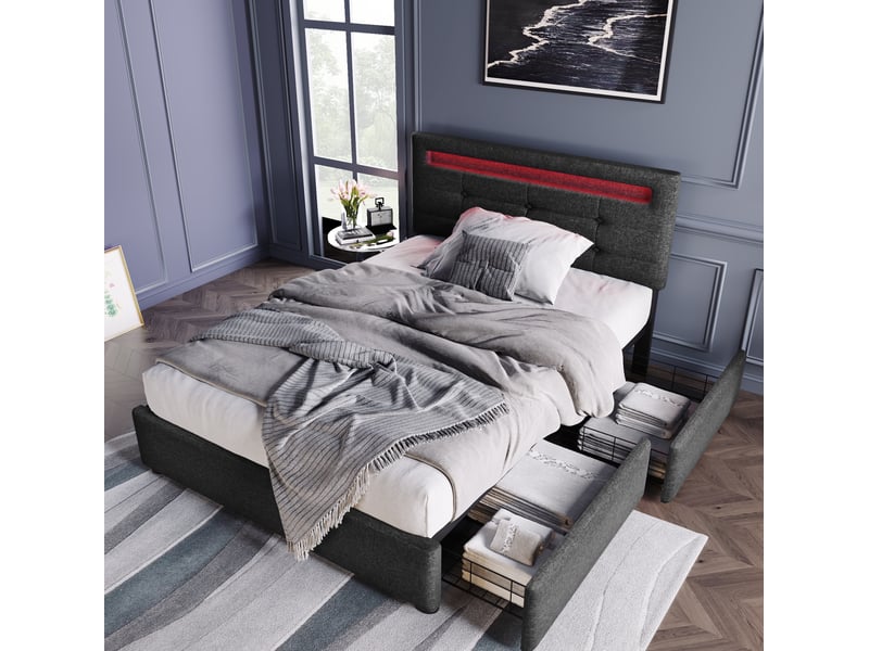  Modenvie lit 1 place 90x200 cm - led, 2 tiroirs, tête de lit réglable - sans matelas - gris  - Conforama E