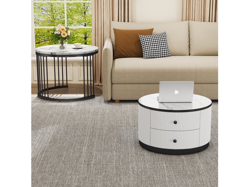  Ensemble tables basses 60x60x45,5+50x50x32cm, plateaux effet marbre(matériau non marbré), 2 tiroirs, mdf, blanc et noir  - Conforama B