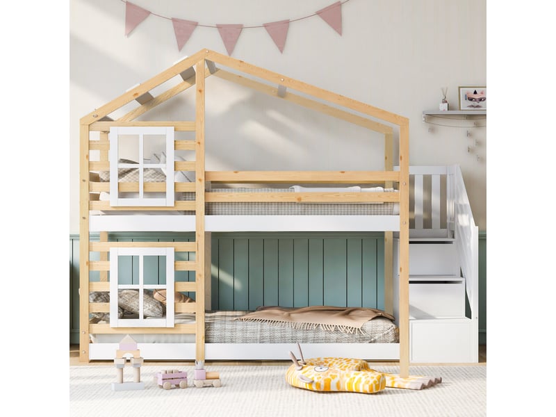 Lit superposé enfant 90x200 cm, lit cabane avec fenêtre, 3 tiroirs, sommiers, bois, blanc et naturel, sans matelas - Conforama B