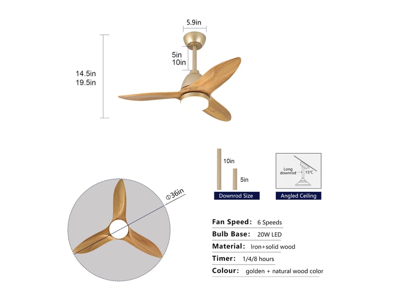 Ventilateur de plafond 36 zoll en bois massif avec led et lumière réglable chêne doré chicfurn - Conforama C