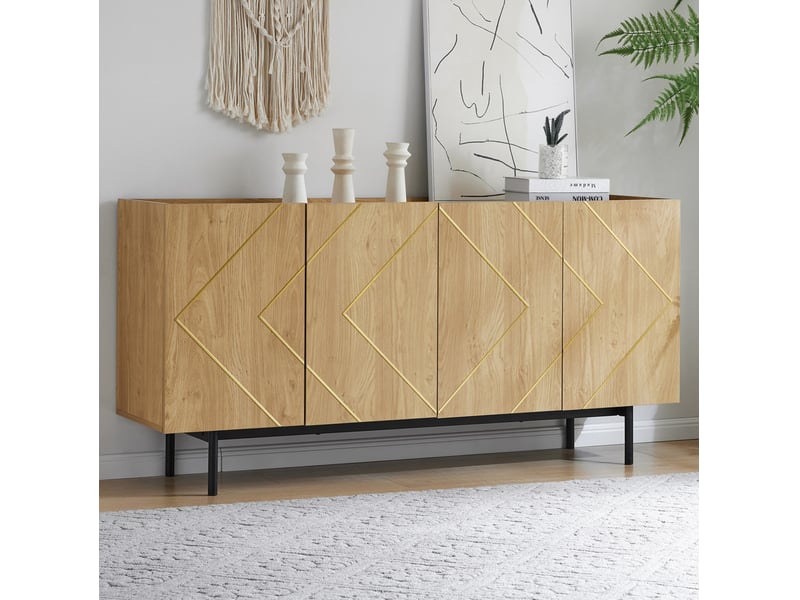 Buffet 4 portes avec décorations métalliques, panneau de particules, naturel – 160 x 40 x 78 cm - Conforama D