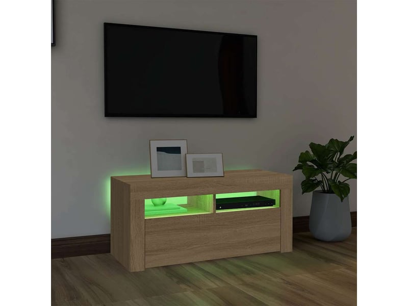  Meuble tv - banc tv - meuble de rangement avec lumières led chêne sonoma 90x35x40 cm  - Conforama D