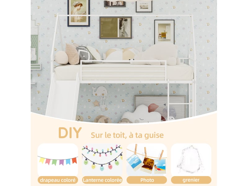  Lit superposé enfant 90 × 190 cm 2 places avec toboggan, escalier et barrières, sans matelas, en métal blanc  - Conforama E
