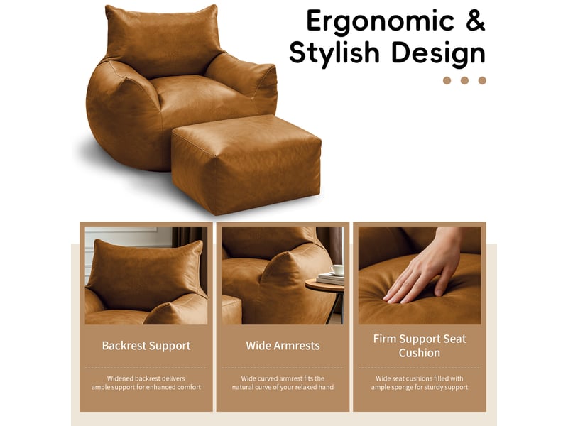  Fauteuil pouf modenvie avec repose-pieds marron 103 x 90 x 70 cm tissu technique aspect simili cuir  - Conforama D