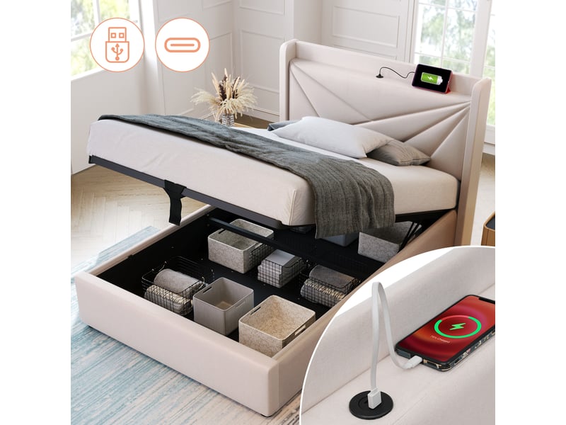  Lit coffre avec chevet géométrique 90 × 200 cm, beige IKSETERA TRADING LTD - Conforama B