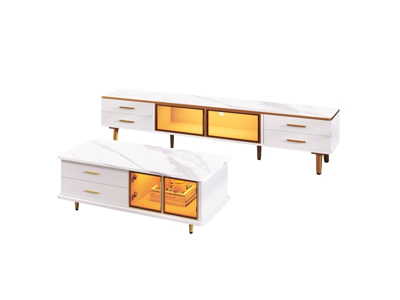  Ensemble meuble tv et table basse, façade en verre trempé, 4 tiroirs + 2 portes, plateau effet marbre texturé  - Conforama A