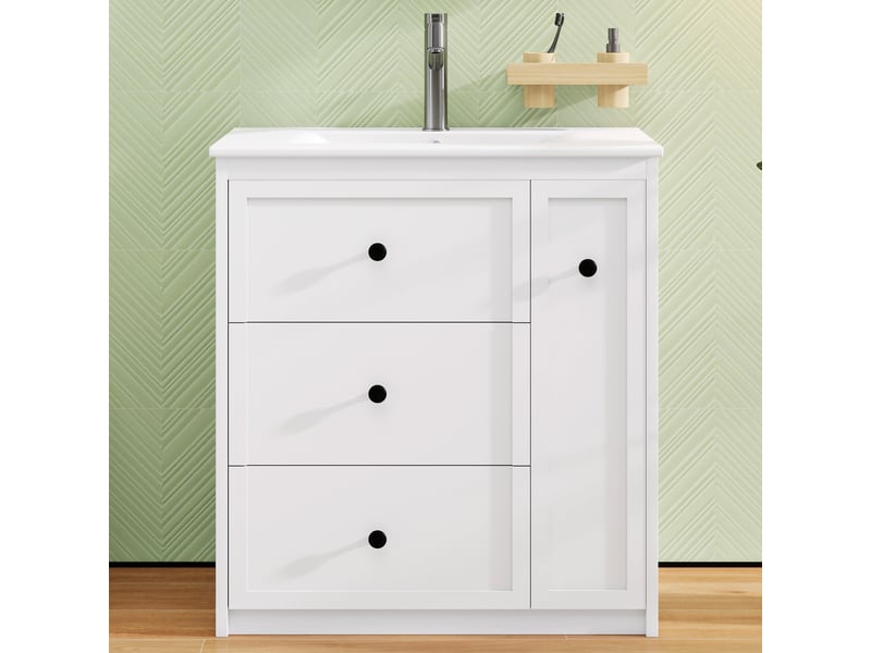 Meuble sous vasque avec 4 tiroirs et double rangement, vasque en céramique, salle de bain, 76×46×82 cm - Conforama C