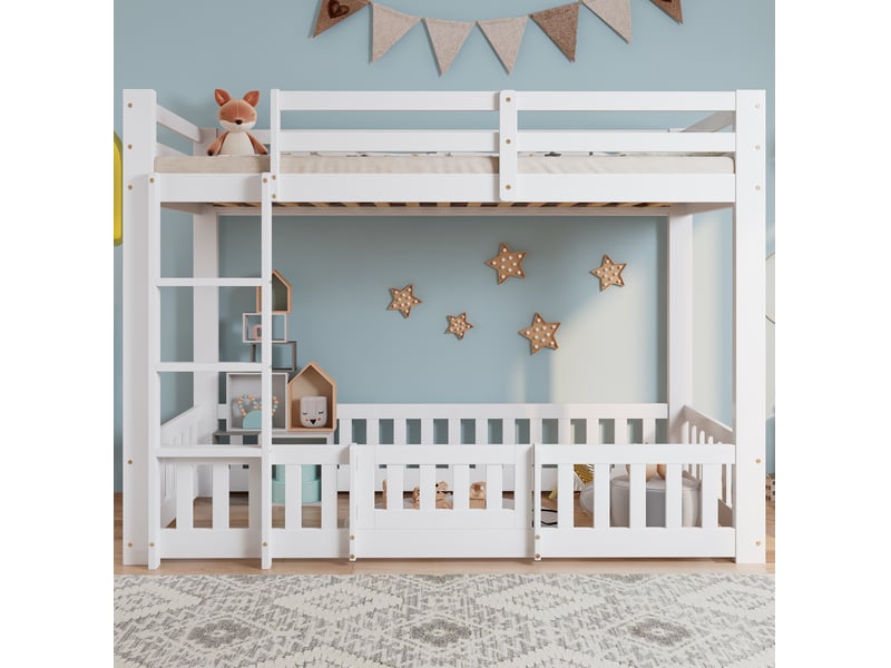  Lit superposé 90x200 cm, escalier d’angle et porte, pour chambre enfant, design sécurisé, bois, coloris blanc, sans matelas  - Conforama D