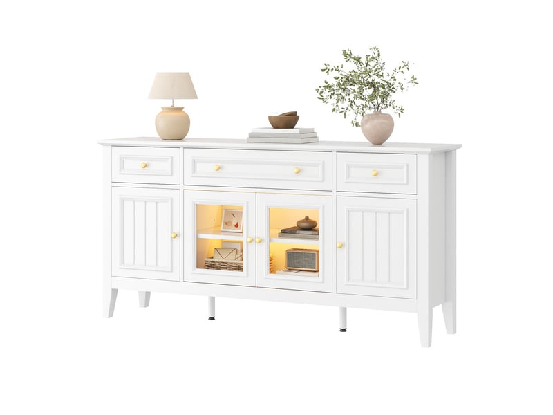  Commode 3 tiroirs et 4 portes, 160 x 40 x 78,5 cm, mdf avec portes vitrées, poignées en fer et éclairage led contrôlable par application, blanc  - Conforama A