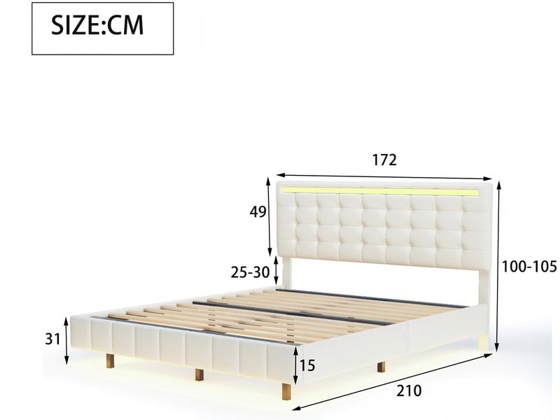  Lit 2 places 160x200 cm effet flottant avec led – tissu beige, pieds invisibles et sommier à lattes  - Conforama C