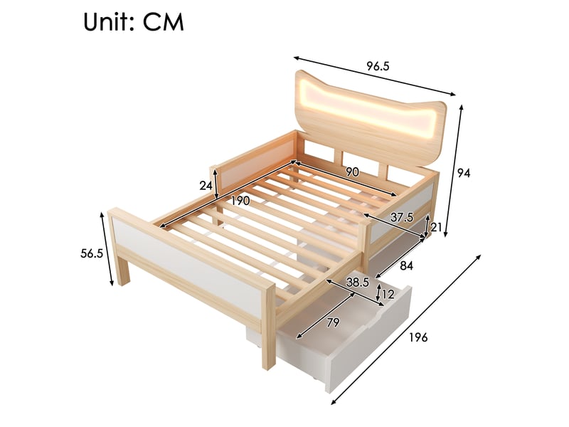  Modenvie lit enfant 90x190 cm - tete de lit chat led rgb, rangement modulable, sans matelas - blanc  - Conforama C