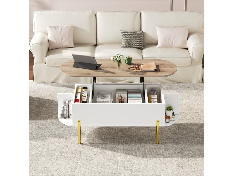  Table basse relevable 120x50x43 cm avec rangement mdf blanc et bois naturel  - Conforama D