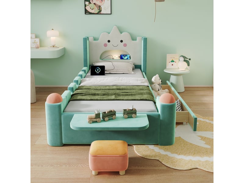  Lit simple 90x200 cm, lit enfant, tiroirs, étagères, barrière antichute, led, port usb, motif nuage, velours bleu et vert  - Conforama E