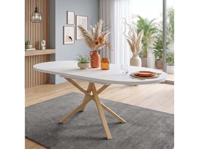  Table à manger extensible 100-140 x 100 cm, 4-6 personnes, pieds croisés, blanc et bois Jamama eleni - Conforama B