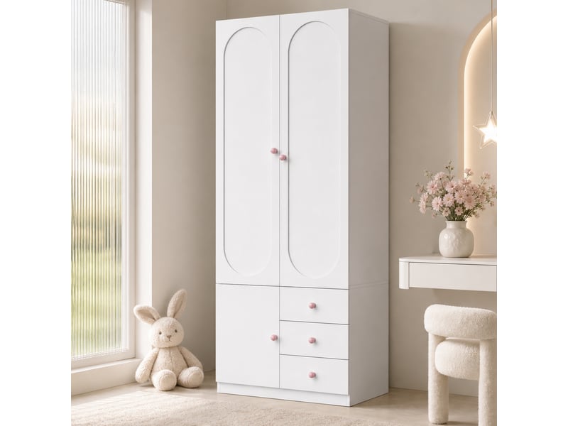  Armoire enfant avec 2 portes, 3 tiroirs, penderie et étagères pour chambre, en mdf blanc, 80 × 50 × 200 cm  - Conforama B