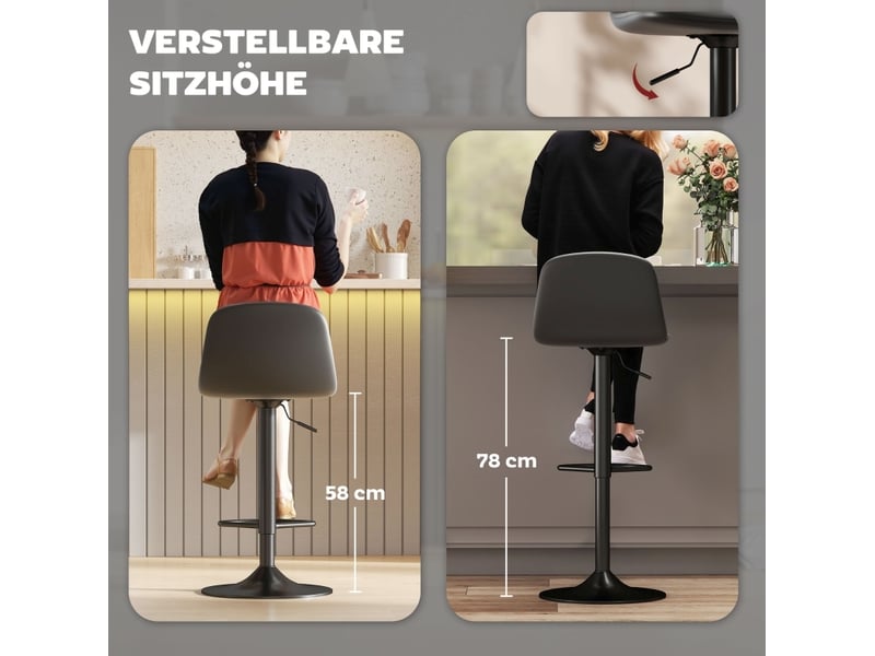  Tabouret de bar lot de 2 réglable en hauteur, pivotant avec dossier et repose-pieds en similicuir noir  - Conforama D