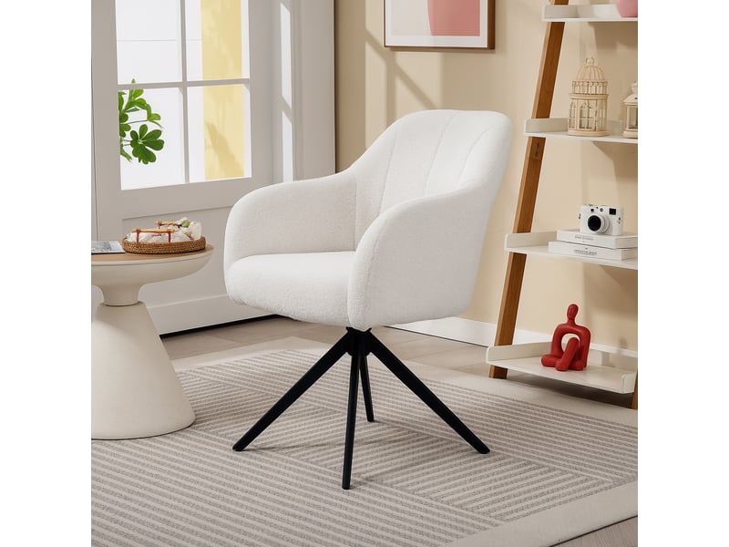  Fauteuil de salon pivotant capitonné grand confort piètement en acier et tissu effet polaire teddy blanc  - Conforama D