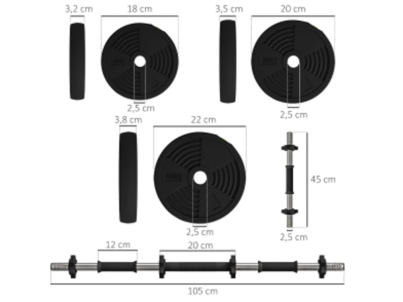  Set d'haltères et barre longue 2 en 1 25 kg noir en plastique, poids réglables et poignées antidérapantes  - Conforama C