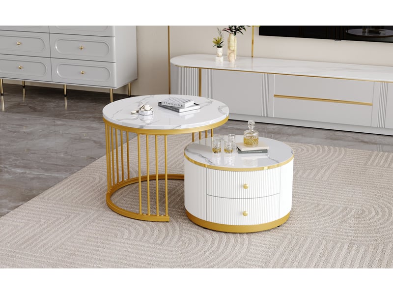  Table basse gigogne 2 pièces 60x60x45,5 cm et 50x50x32 cm blanche mdf effet marbre brillant avec 2 tiroirs rangement 30 kg evarich - Conforama B