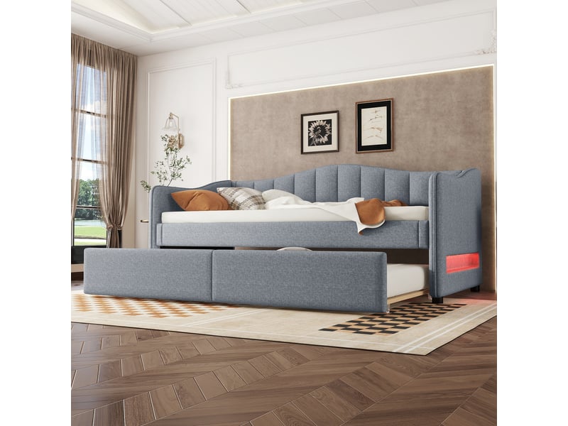  Lit de jour 90x200cm avec lit gigogne, éclairage d'ambiance, sans matelas, gris, lin  - Conforama C