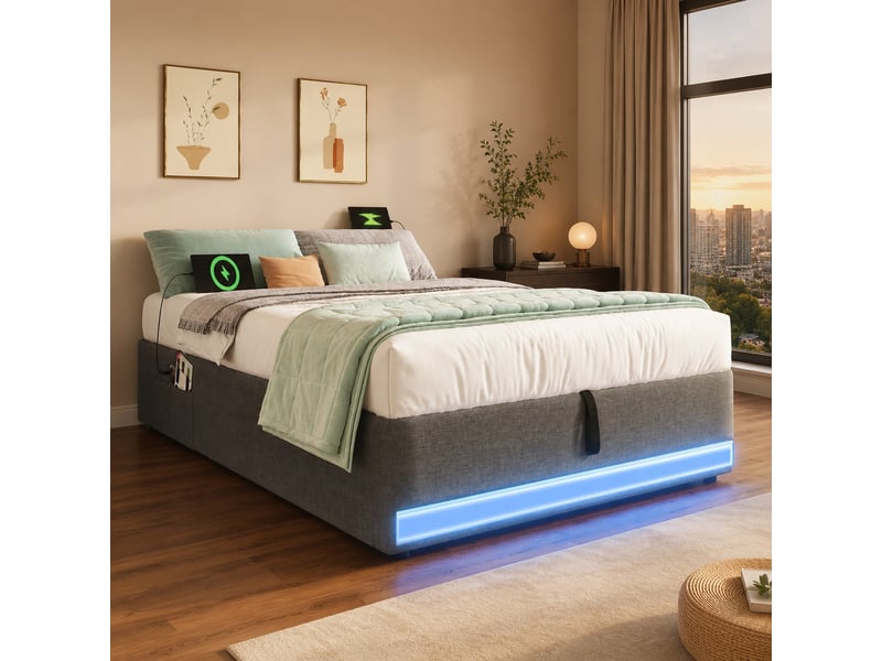  Lit 90 x 200 cm avec rangement hydraulique, led, usb et type-c gris  - Conforama D