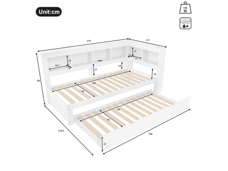  Lit de jour, 90 x 200 cm, canapé-lit, lit de jour avec lit gigogne, prise électrique et 2 ports usb, sommier à lattes (sans matelas), panneaux de particules, blanc  - Conforama C