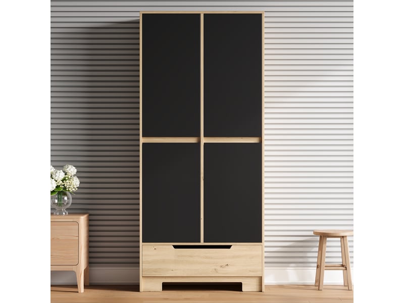  Armoire haute de cuisine 80x35x180 cm avec 1 grand tiroir, rangements de porte, étagères réglables, grand rangement, mdf noir et bois naturel  - Conforama C