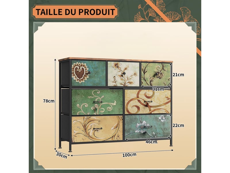  Commode de chambre, 7 tiroirs, pieds réglables, motif rétro, style artistique rétro, 100 x 30 x 78 cm, multicolore  - Conforama R