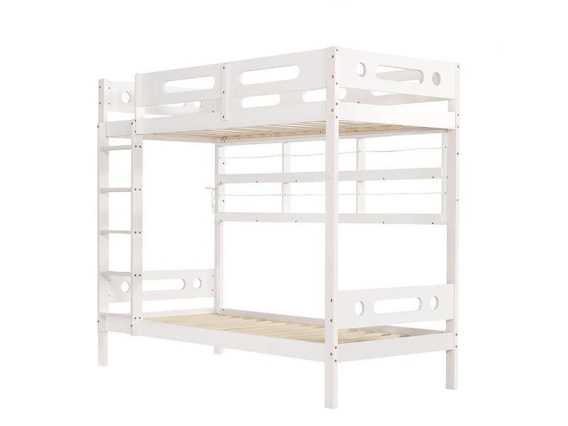 Lit superposé avec rangement et échelle, bois massif et mdf blanc - Conforama D