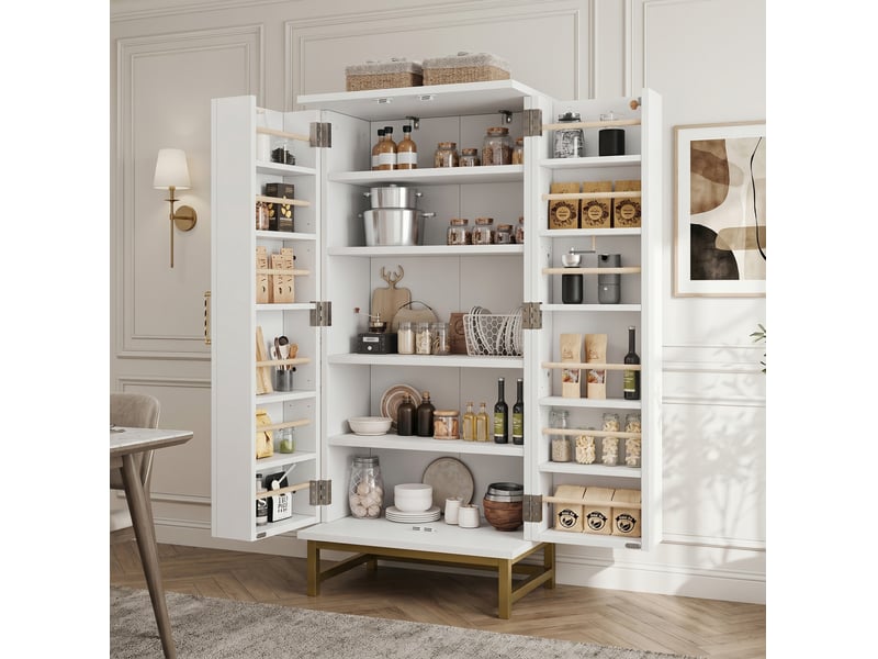 Buffet de cuisine avec étagères réglables et rangements de porte pour petits espaces, blanc et doré, 60 × 40 × 130 cm - Conforama B