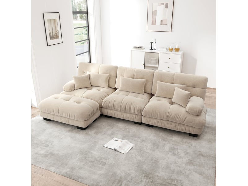  Canapé-lit d’angle modulable 3 places avec pouf en chenille café clair, 313 x 145 x 81 cm  - Conforama B