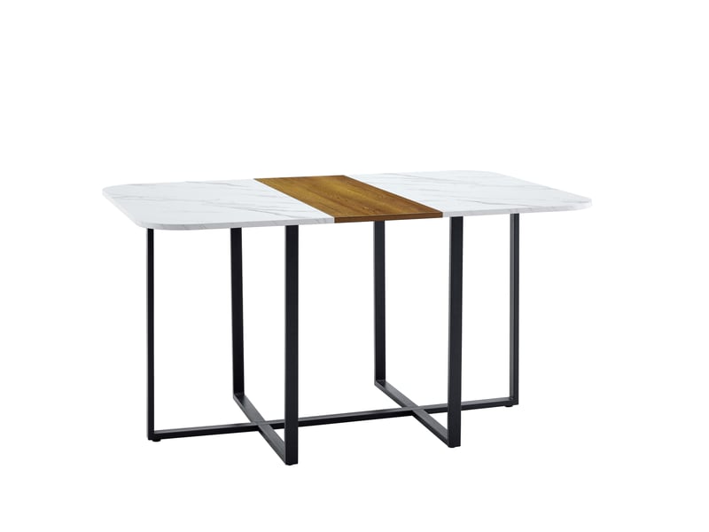 Table de salle à manger pour 4 à 6 personnes avec piètement croisé en métal, plateau mdf effet marbre et bois noir - Conforama D