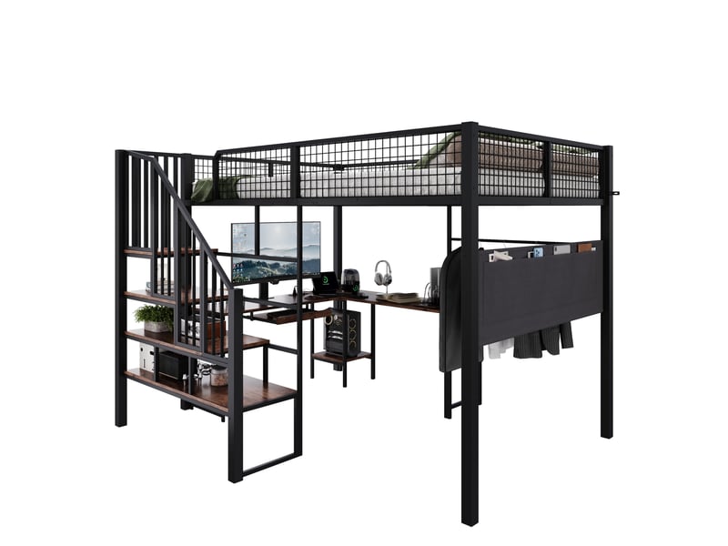  Lit mezzanine 140x200 cm avec bureau d’angle, escalier et chargeur noir  - Conforama A