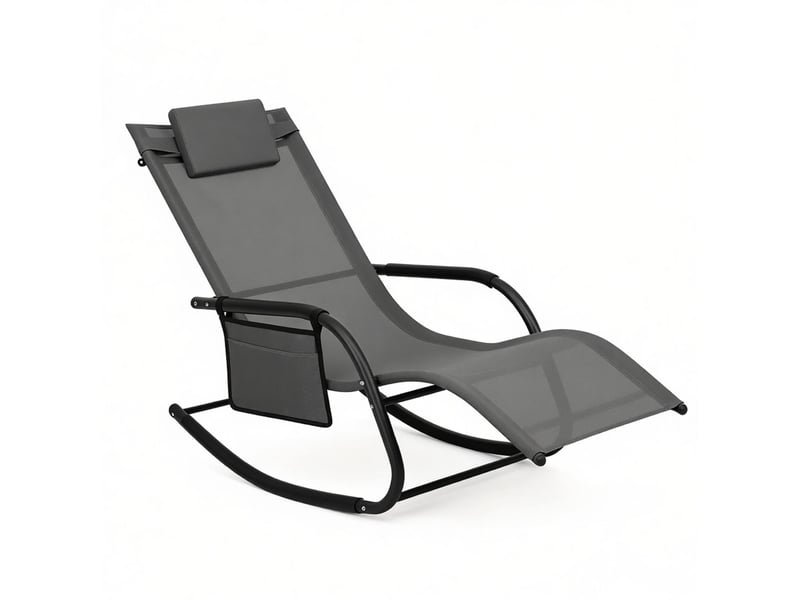 Transat à bascule gris en tissu avec structure métal, poche latérale et appui-tête, pour terrasse ou jardin - Conforama A