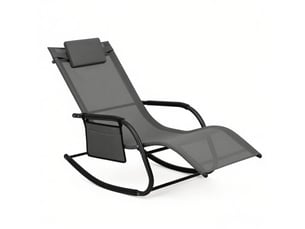 Transat à bascule gris en tissu avec structure métal, poche latérale et appui-tête, pour terrasse ou jardin