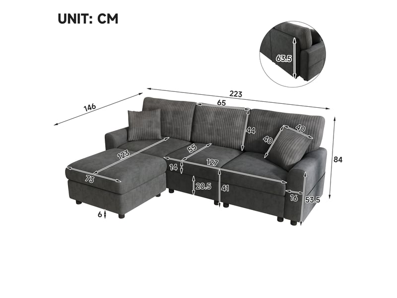  Canapé 4 places gris avec pouf - ports usb et type-c - l223cm - tissu chenille et velours côtelé  - Conforama C
