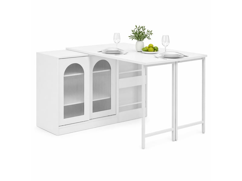  Table de bar extensible pivotante 360° avec rangement - lpospi - portes vitrées rainurées, mdf blanc  - Conforama A