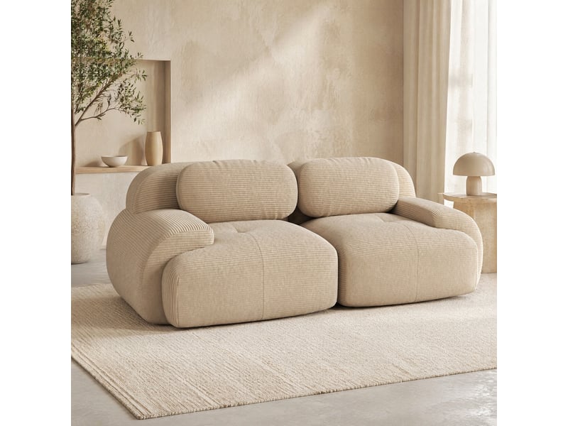  Canapé droit 2 places modulaire avec accoudoirs courbés, base antidérapante en velours côtelé beige 208×103×70 cm  - Conforama C