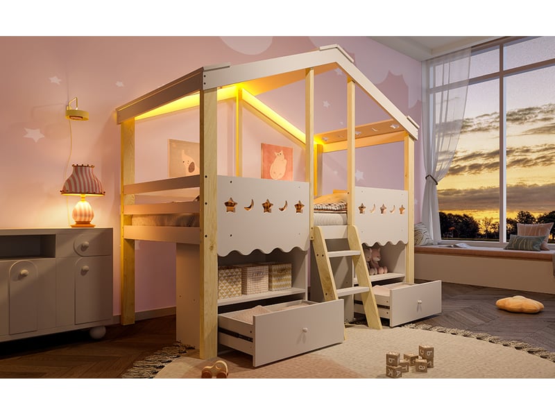  Lit surélevé cabane 90 × 200 cm, tiroirs, éclairage led, blanc et naturel  - Conforama B
