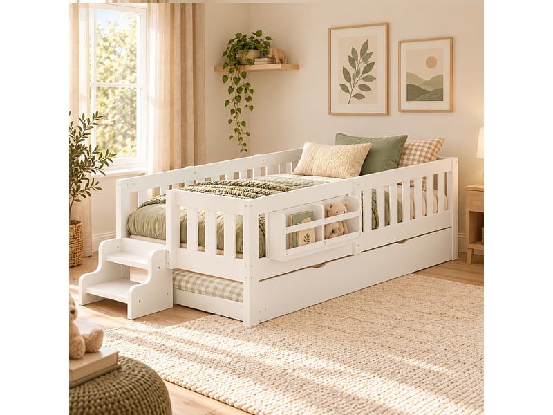 Lit enfant 90x200 cm avec lit gigogne 90x190 cm, bibliothèque intégrée, marche d’accès, garde-corps, sommier à lattes, bois massif et mdf blanc  - Conforama C