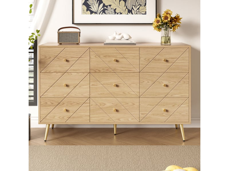  Commode à 9 tiroirs avec façades à motifs géométriques et pieds en fer, en panneaux de particules, coloris naturel, 120 × 39 × 80 cm  - Conforama B