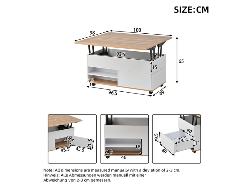  Table basse relevable à roulettes avec rangement 100x98x65 cm, blanche  - Conforama E