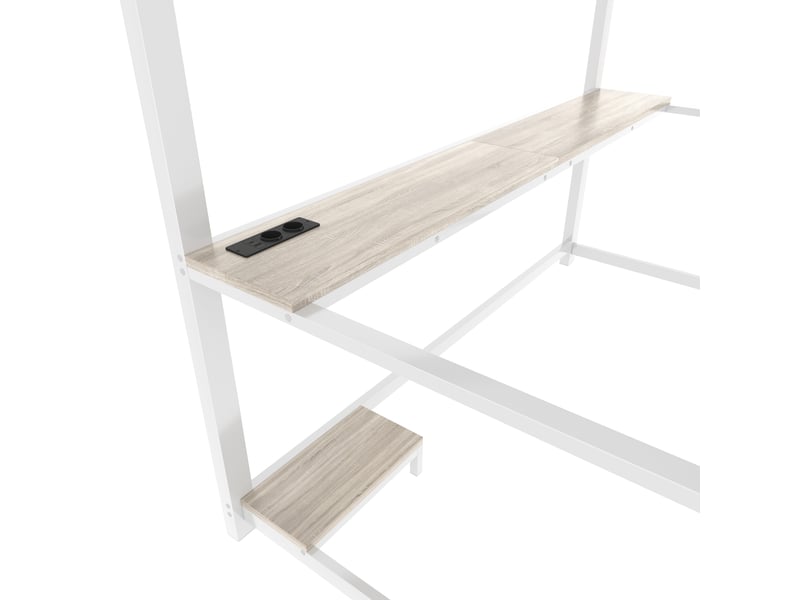 Lit mezzanine 90 × 200 cm, bureau, support pour ordinateur, led, usb et prises, métal et mdf, sommier à lattes, blanc - Conforama E