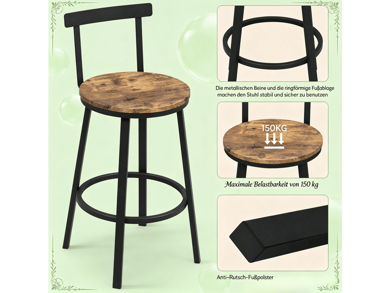  Lot de 2 tabourets de bar 51,5x51,5x89 cm, dossier incurvé, assise 65 cm, métal et mdf, brun rustique  - Conforama E